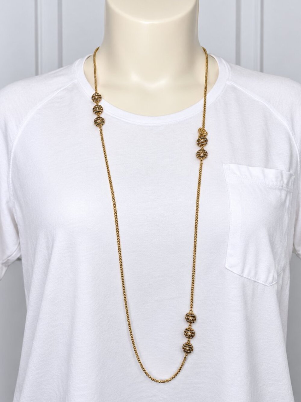 Long Gold Tone Station Necklace Textured Beads Layering Statement Jewelry